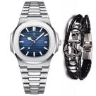 Relógio Masculino Elegante Luxo Prateado + Pulseira Âncora