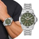 Relógio Masculino Prata e Verde Analógico de Pulso Movimento Quartzo Pulseira e Caixa de Aço Inoxidável à Prova D Água Luxo Casual Social Mormaii
