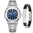 Relógio Masculino Prateado Luxo Social + Pulseira Silicone