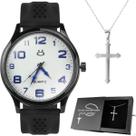 Relogio Masculino Preto Aço + Caixa + Colar Crucifixo pesado ponteiro branco prata original prateado religioso ajustavel
