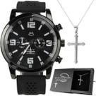 Relogio Masculino Preto Aco Caixa + Cordao Crucifixo black piano robusto original social inoxidável pesado presente