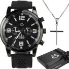 relogio masculino preto aço + colar crucifixo + caixa robusto prateado prata presente black piano pesado ajustavel