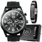 Relogio masculino preto aço inox + caixa + pai nosso pulseira presente silicone original ajustavel social casual