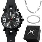Relogio masculino preto + cordao grumet + pulseira caixa prata original retro trabalho pesado analogico preto moda