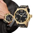 Relógio Masculino Preto e Dourado Analógico de Pulso com Pulseira de Couro e Caixa de Aço Inoxidável à Prova D Água Luxo Elegante Casual Social Magnum