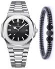 Relógio Masculino Quartzo Analógico Prata +Pulseira Hematita