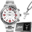 Relogio metálico masculino prata aço inox + pingente cruz caixa qualidade premium original pesado grande religioso jesus