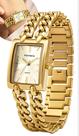 Relógio Mondaine Feminino Analógico Quartz Dourado Quadrado De Pulso Em Aço Inox Com Pulseira Estilo Corrente Clássico Sofisticado Original