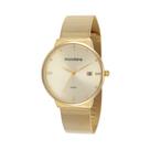 Relogio Mondaine Feminino dourado grande pulseira esteira malha mesh com calendário 32349LPMVDE1