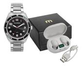 Relógio Mondaine Masculino Prata Aço Preto + Fone De Ouvido Prateado Preto Preto