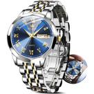 Relógio OLEVS masculino Blue Face com data diurna em dourado/prata em aço inoxidável