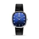 Relógio oval Croco Moncler com fundo azul pulseira de couro preto Saint Germain