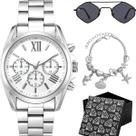 Relogio Prata Aco Inox Feminino Pulseira + Caixa Oculos moda casual presente protecao uv losango qualidade premium preto