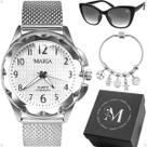Relogio Prova Dagua Feminino + Pulseira + Oculos Sol + Caixa prata silicone social ajustavel aço inoxidavel casual moda