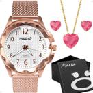 Relogio Prova Dagua Feminino Silicone + Colar Brinco + Caixa coração moda strass ajustavel Rose social presente zirconia