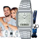 Relógio Pulso Casio Unissex Vintage Feminino Masculino Pequeno Quadrado Digital Analógico Prova Dágua 3 ATM Prata AQ-230A + Chaveiro