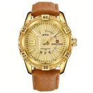 Relógio quartzo zinco dourado, pulseira em pele genuína resistente à água