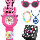 Relogio Rosa Infantil Criança + Caixa + Oculos Sol pingente qualidade premium stitch lillo colar pulseira ajustavel Relogio Rosa Infantil Criança + Caixa + Oculos Sol pingente qualidade premium stitch lillo colar pulseira ajustavel