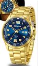 Relógio Seculus Masculino De Pulso Analógico Dourado Long Life Com Calendário Fundo Azul A Prova DÁgua em 50 Metros Original