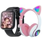 Relógio Smartwatch Feminino Menina Fone De Ouvido Led Orelha Gatinho Gato
