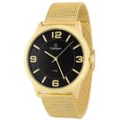 Relógio Unissex Champion SLine Dourado Malha Inoxidável Mostrador Preto Original Resistente à Água RCHCN21005U