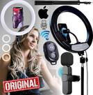Ring Light Completo Iluminador Luz Led Circular Selfie Tripé Microfone de Lapela Sem Fio Compatível Com iPhone Youtuber