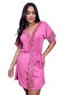 Robe de Luxo Microfibra Renda Hobby Roupão Dormir com Cinto Lingerie Sexy Noite Especial Manga Curta