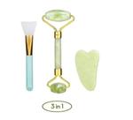 Rolo Massageador Facial de Pedra Jade + Placa Gua Sha e Pincel de Silicone Para Cremes - Meili Star
