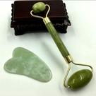 Rolo Massageador Pedra Jade Verde + Placa Gua Sha Massagem Facial