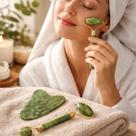 Rolo Pedra Massagem Facial Jade Com Placa Guasha Cor Verde