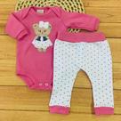 Roupa Body Menina Manga Longa Conjunto Inverno Korte Rekorte Ursinha Fofa Calça Estampada Quentinha