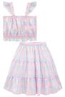 Roupa Conjunto Infantil Menina Colorido Top Cropped + Saia Midi Light Peach Moda Verão Kukiê
