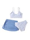 Roupa de banho COZYEASE para meninas, 3 peças, estampa floral, azul macio, 9Y