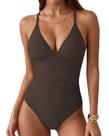 Roupa de banho feminina VividHarbor com decote em V, controle de barriga, marrom XS-2XL