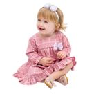 Roupa de Bebê Menina Manga Longa Xadrez Rose com Tiara 100% Algodão Mundo Nina Larissa