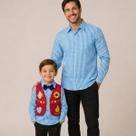 Roupa Festa Junina Pai e Filho Conjunto Masculino Caipira Colete Azul Camisa Xadrez e Gravata