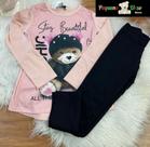 Roupa Infantil Blusa Frio Manga Longa Calça Legging Preta Conjunto Inverno Kukiu Estampa Ursinho