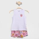 Roupa Infantil Conjunto Blusa Regata Feminina Ribana Confortável Com Bermudinha Emoji