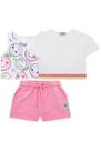 Roupa Infantil Conjunto Kukiê Cropped Blusa Em Tule E Shortinho Moletinho Neon