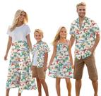 Roupas havaianas combinando: pai cromoncente, filho, mãe e filha