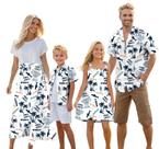 Roupas havaianas combinando: pai cromoncente, filho, mãe e filha