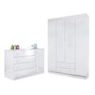 Roupeiro 4 Portas + Cômoda Sapateira Maria MDP Branco - Bela Móveis
