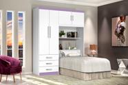 Roupeiro / Cabeceira Baú CAN Solteiro Espaço Amplo 4 Portas e 3 Gavetas Nichos Externos Para Objetos de Decorção Cor Branco/Lilás