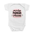 Roupinha Body de Bebê Temático Frase Tema Meninas Rosa Minha Primeira Páscoa