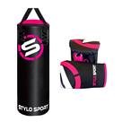 Saco de pancada stylo 70cm preto com rosa + 1 luva bate saco adulto