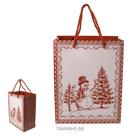 Sacola de papel vermelho e branco com boneco de neve