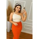 Saia Básica Mídi Feminino Tricot Canelado Fenda Lateral Tendência Moda Verão Emylu tricot Cor:LaranjaTamanho:U