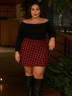 Saia Envelope Curta Transpassada Xadrez Plus Size De Amarrar Crepe Cintura Alta Sem Transparência