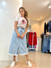 Saia Evasê Jeans com Desfiados