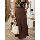 Saia Feminina Midi Alfaiataria com Fenda e Bolsos Elegante Casual